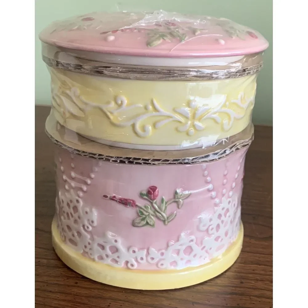 Trinket Dish Covered 2 Parts Pink & Yellow‎ Dresser Ceramic 3.5
